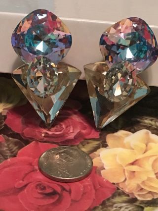 Ginormous Vintage Foil Back AB Watermelon? Rhinestone Clip On Earrings FAB 2