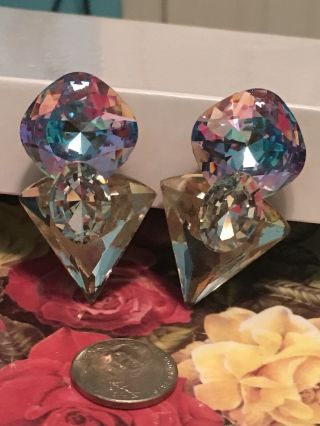 Ginormous Vintage Foil Back AB Watermelon? Rhinestone Clip On Earrings FAB 3