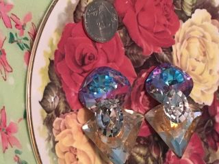 Ginormous Vintage Foil Back AB Watermelon? Rhinestone Clip On Earrings FAB 5