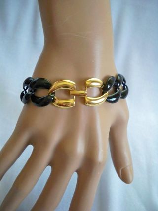 Vintage Napier Black Enamel & Gold Tone Link Chain Bracelet