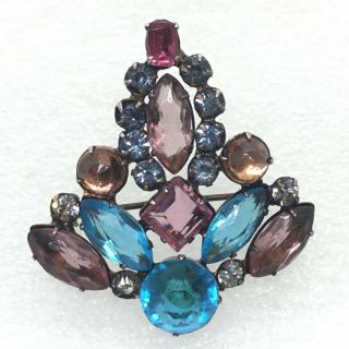 Vintage Art Deco Brooch Pin Colorful Paste Rhinestone Marquise Costume Jewelry
