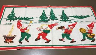 Vintage Christmas Elves Table Runner Food In Forest Campfire 34.  5 " X 16.  5 " F9