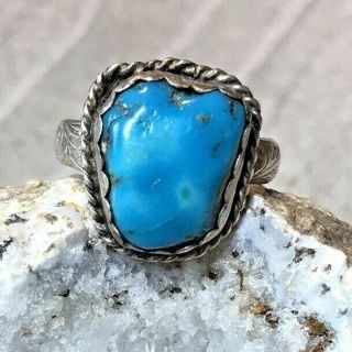Vintage Sterling Silver Turquoise Etched Band Ring Size 9.  5