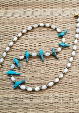 Vintage Fetish Carved Necklace Mop Mother Of Pearl Coral Turquoise Carved Birds