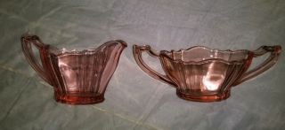 Vintage Mcm Pink Depression Glass Art Deco Sugar Bowl And Creamer