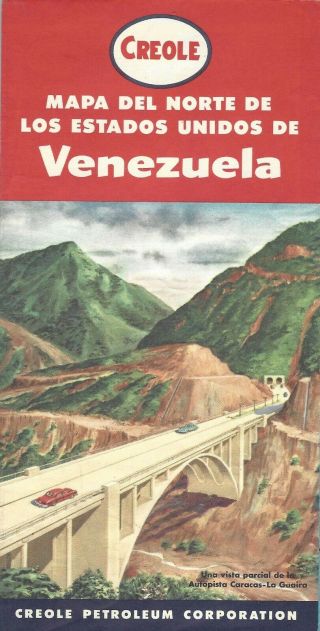 Vintage 1952 Creole (oil,  Gas Brand) Road Map Of Venezuela,  Caracas,  Maracaibo