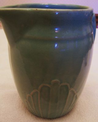 Vintage Monmouth Art Pottery Milk Pitcher Green Stoneware W/embossed Fan Design