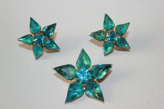 2 Piece Set Vintage Signed Coro Brooch And Earrings Rhinestone Turqouise Star