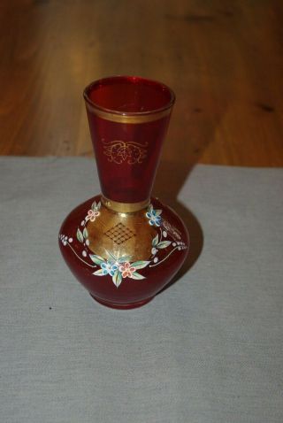Vintage Red Bohemian Czech Glass Vase Hand Painted Enamel Flowers W/ Gold
