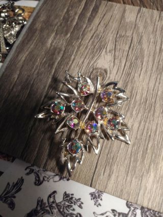 Vintage Jewelry Stunning Aurora Borealis Rhinestone Silver Leaf Brooch