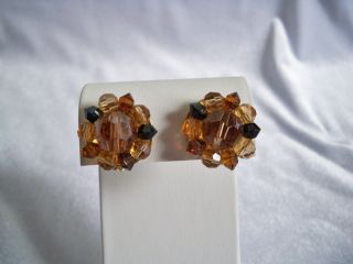 Vintage Lisner Amber Crystal Bead Cluster Clip On Earrings