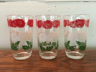 Set Of 3 Vintage Swanky Swig Clear Glass Red,  White & Green Flowers Juice Glass