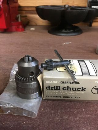 Vintage Sears Craftsman Drill Chuck 2975 Cap,  1/16 " To 3/8 ",  3/8 - 24 Key Include