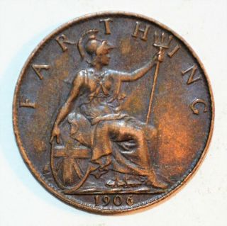 1906 Great Britain Edward Vii 1 One Farthing.  Fine Vintage World Coin