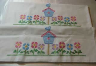 Vintage Embroidered Bird House Flower / Floral Pillow Case Set