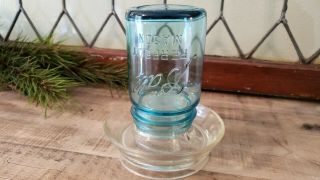 Vintage Blue Ball Jar With Patented Glass Chicken Waterer
