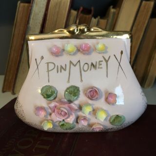 Vintage Lefton Pink Gold Trim Ceramic Pin Money Purse Bank With Roses 90256g