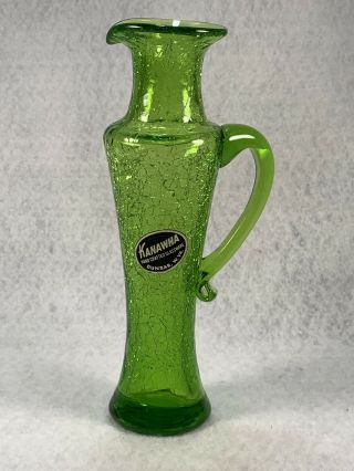 Vintage Kanawha Lime Green Crackle Glass Ewer Pitcher 7 " Orig.  Label Unique