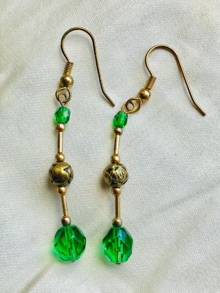 Vintage Art Deco Green Faceted Glass And Brass Bead Dangle Earrings