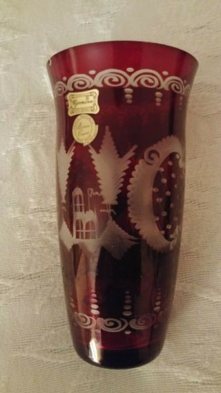 Vintage Bohemian Cut To Clear Crystal Glass Ruby Red Tumbler Vase