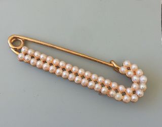 Unique Vintage Safety Pin Brooch In Gold Tone Metal With Faux Pearl