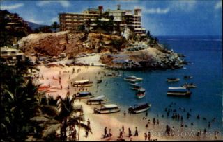 Mexico Acapulco,  Gro Caleta Beach Chrome Postcard Vintage Post Card