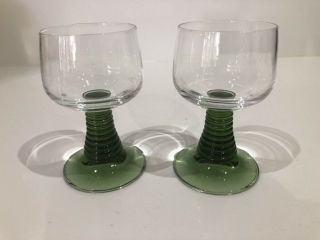 2 Vintage Romer Glass Wine Glasses Clear & Green Beehive Stem