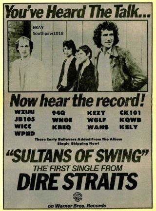 1978 Dire Straits " Sultans Of Swing " Song Release Vintage Print Advert