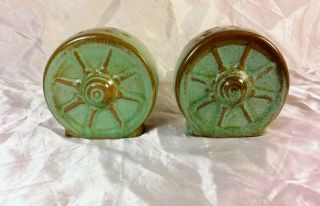 Vintage Frankoma Prairie Green Wagon Wheel Salt & Pepper Shakers 1940 