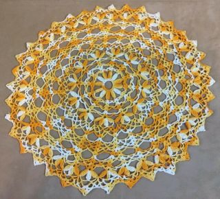 Vintage Hand Crocheted Doily,  Round,  Flower Design,  Yellow,  Scalloped Edges