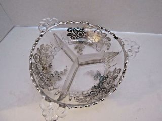Vintage Duncan Miller Divided Candy/nut Dish Silver Overlay Elegant Glass Floral