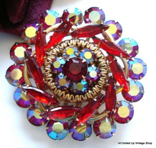 Vintage 2 " Brooch Round Layered Gold Tone Siam Red Ab Rhinestones Wreath Flower