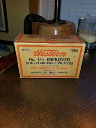 Vintage Western Improved Primers Cardboard Box Empty 1000 No.  1 1/2 E.  Walton