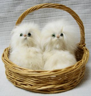Vintage Cats In Basket Made W/ White Rabbit Fur