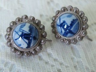 Vintage Pair Signed Delft Flow Blue Hand Painted Porcelain Screw - On Earrings H8