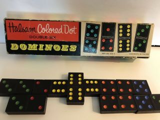 Vtg Dominoes Halsam Double Six Colored Dot No.  623 - C 28 Pc Box Wooden