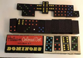 VTG Dominoes Halsam Double Six Colored Dot No.  623 - C 28 pc Box Wooden 2
