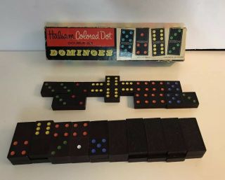 VTG Dominoes Halsam Double Six Colored Dot No.  623 - C 28 pc Box Wooden 3