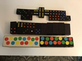 VTG Dominoes Halsam Double Six Colored Dot No.  623 - C 28 pc Box Wooden 5