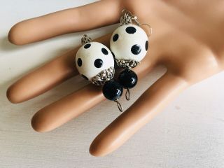 Vintage Black & White Big Polka Dot Dangle Earrings Fancy Caps Pierced 60s Retro