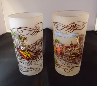 Vintage Currier And Ives Frosted Tumblers Set Of 2 Steam Train And Carriage