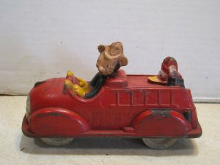 Vintage Sun Rubber Co Hard Toy Mickey Mouse Donald Duck Fire Truck 6.  5” Pp61