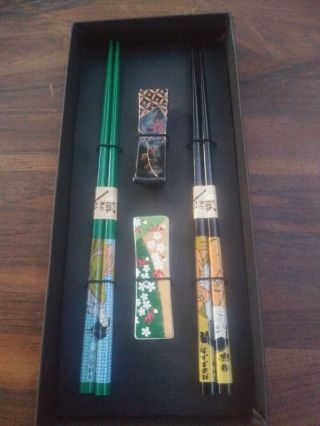 8.  5 " Vintage Chopsticks Set With Enamel Artwork Painted Ceramic Holder.  Nib