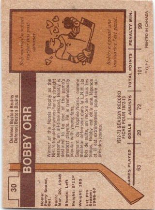 1973 - 74 O - Pee - Chee Bobby Orr 30 VG/EX Vintage Boston Bruins 2