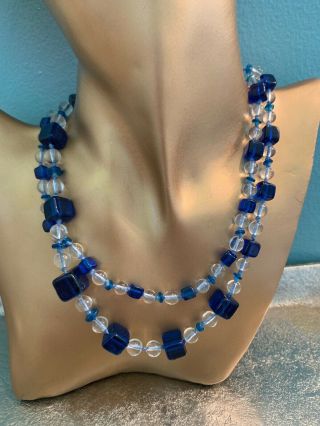 Vintage Czech Bohemian Blue,  Clear Glass Square Beaded Necklace