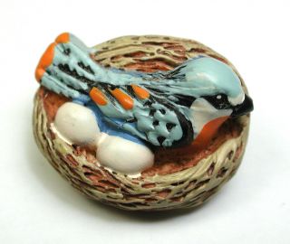 Bb Vintage Polymer Button Realistic Blue Bird In Nest Hand Painted 7/8 "
