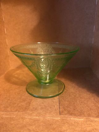 Vintage Green Vaseline Uranium Depression Glass Rose Cameo Footed Sherbet Dish