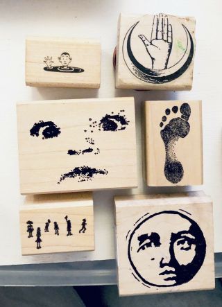 6 Vintage Rubber Stamps :artistic People,  Faces,  Crescent Moon