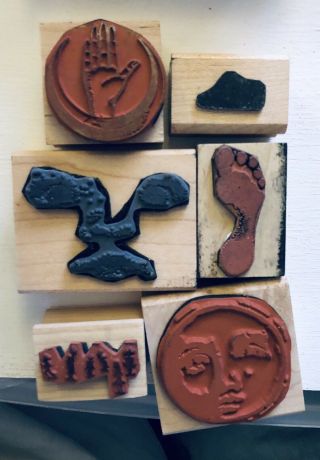 6 Vintage Rubber Stamps :Artistic People,  Faces,  Crescent Moon 2