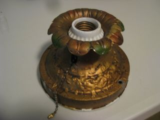 VINTAGE ORNATE BRASS CEILING LIGHT - PORCELAIN INSIDE W/WORKING PULL CHAIN SWITCH 3